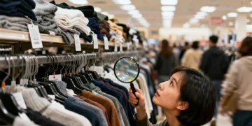 Shopper meticulously examining clearance rack items for real deals