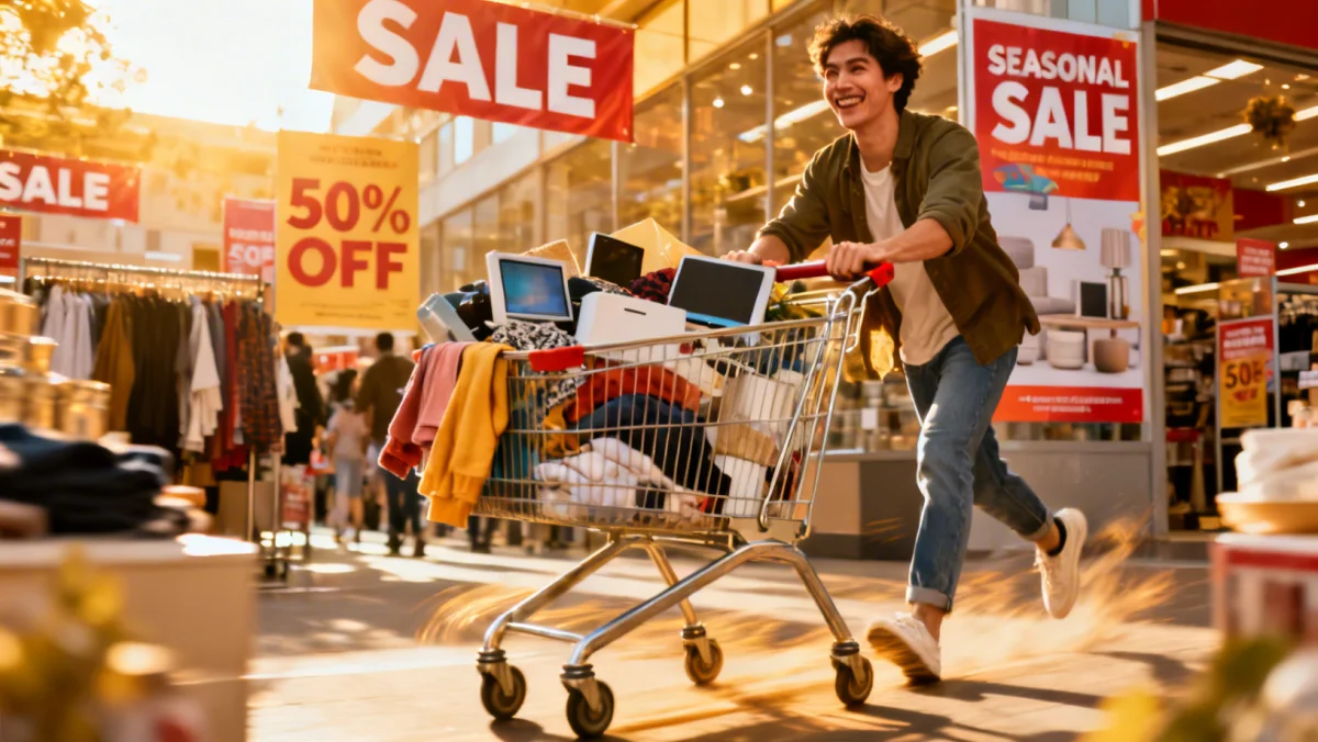 Shopper with full cart during seasonal shopping calendar sale