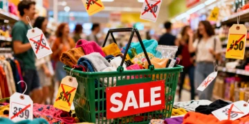 Shopping basket filled with discounted items, illustrating the psychology of discounts and common retail traps.