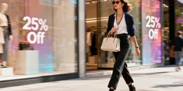 Stylish woman with handbag and fashion accessories, urban shopping scene