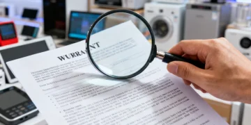 Detailed warranty document with magnifying glass highlighting fine print, symbolizing consumer protection