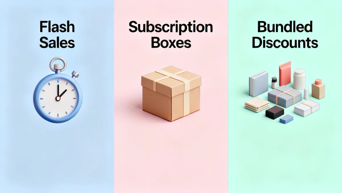 Visual representation of the three types of daily deals: flash sales, subscription boxes, and bundled discounts